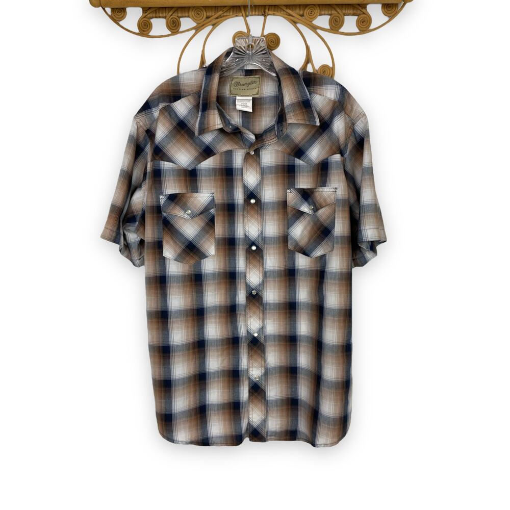 Wrangler brown paid short sleeve pearl snap shirt XL